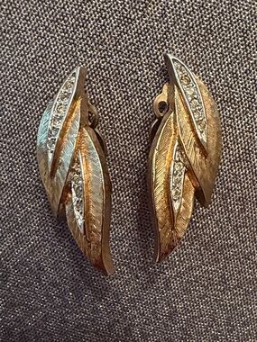 Vintage Panetta 1960’s Gold Tone Leaf Clip-On Earrings with Rhinestone Accents